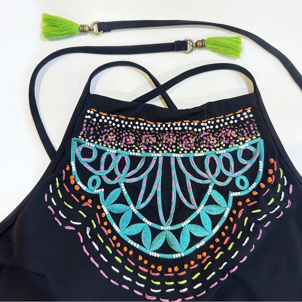 Nanette Lepore Beaded Embroidered Tassel Mantra Stargazer Padded Swim Halter Top